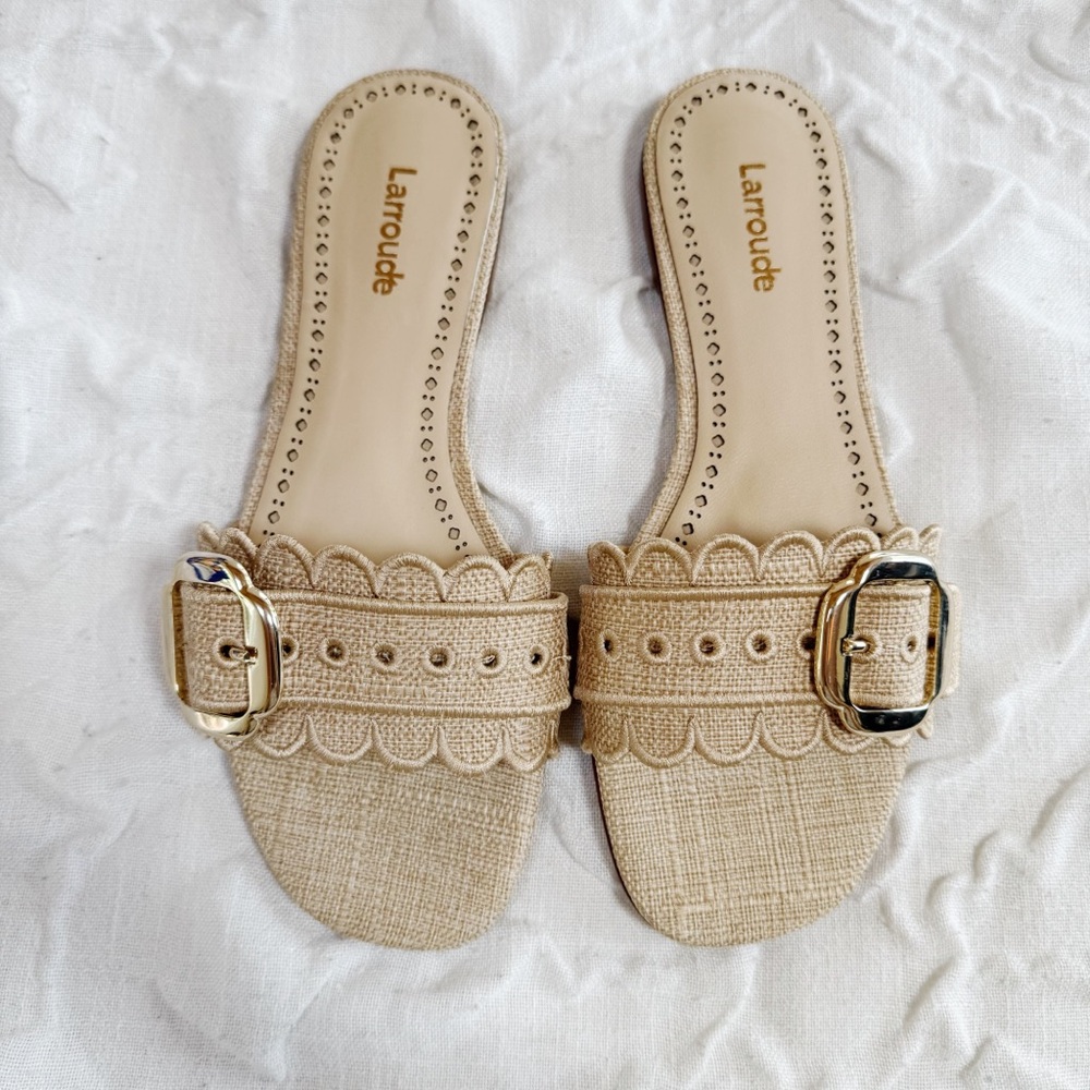 Larroudé Ivy Broderie Flat Sandal In Beige Raffia Size 6 New - Picture 3 of 11